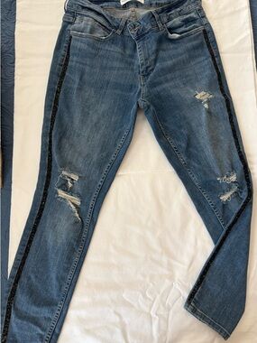 Zara Blue Skinny Jeans with Black Glitter Side Stripes, size 10